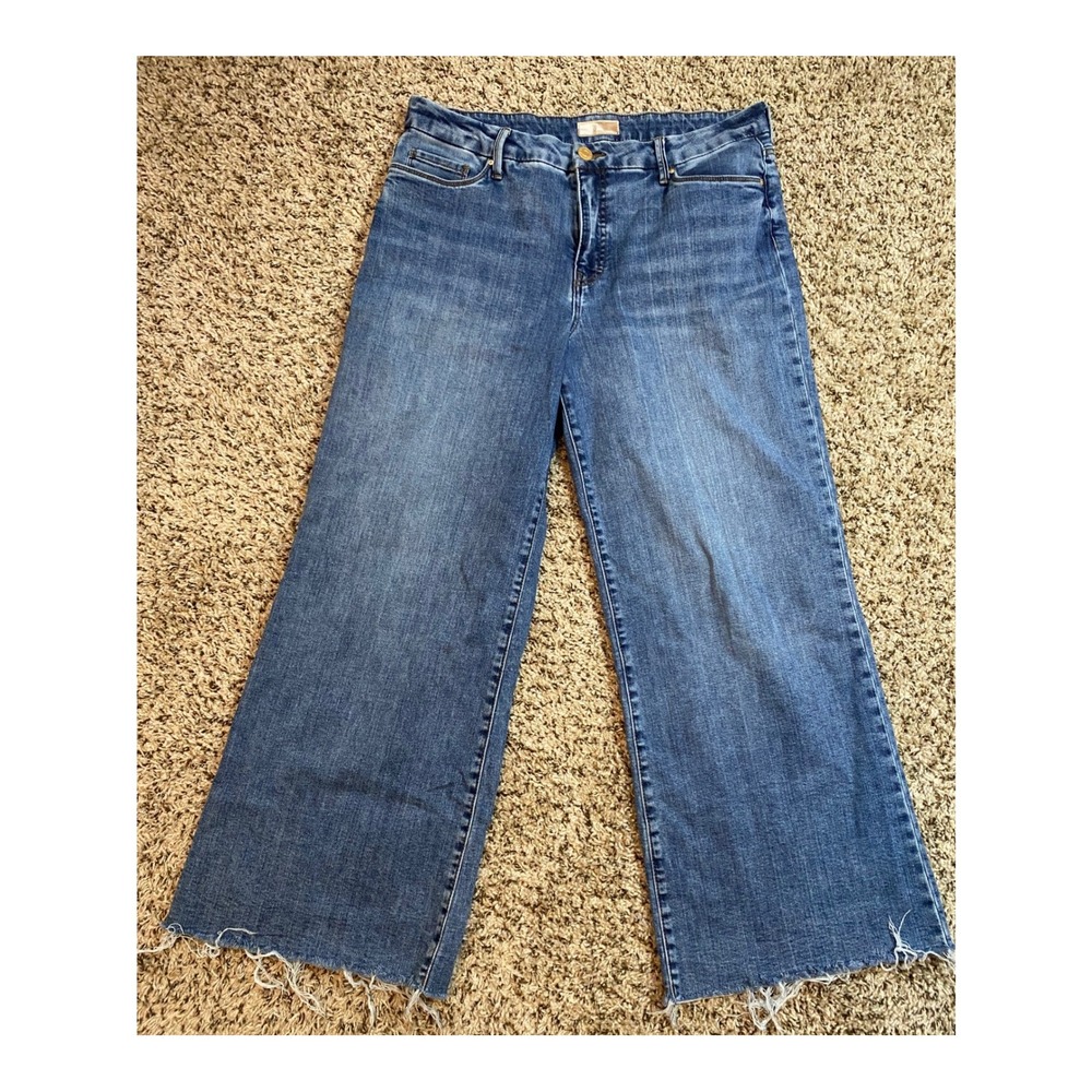 Kut from the Kloth Meg Fab Ab Wide Leg High Rise Raw Hem Jeans Medium Wash 14